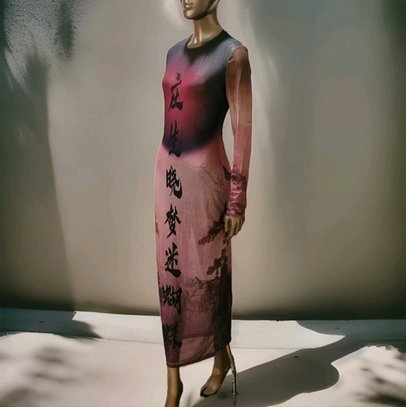NWT Round Collar Oriental Text Print Mesh Bodycon Midi Dress Sz M - Picture 5 of 16